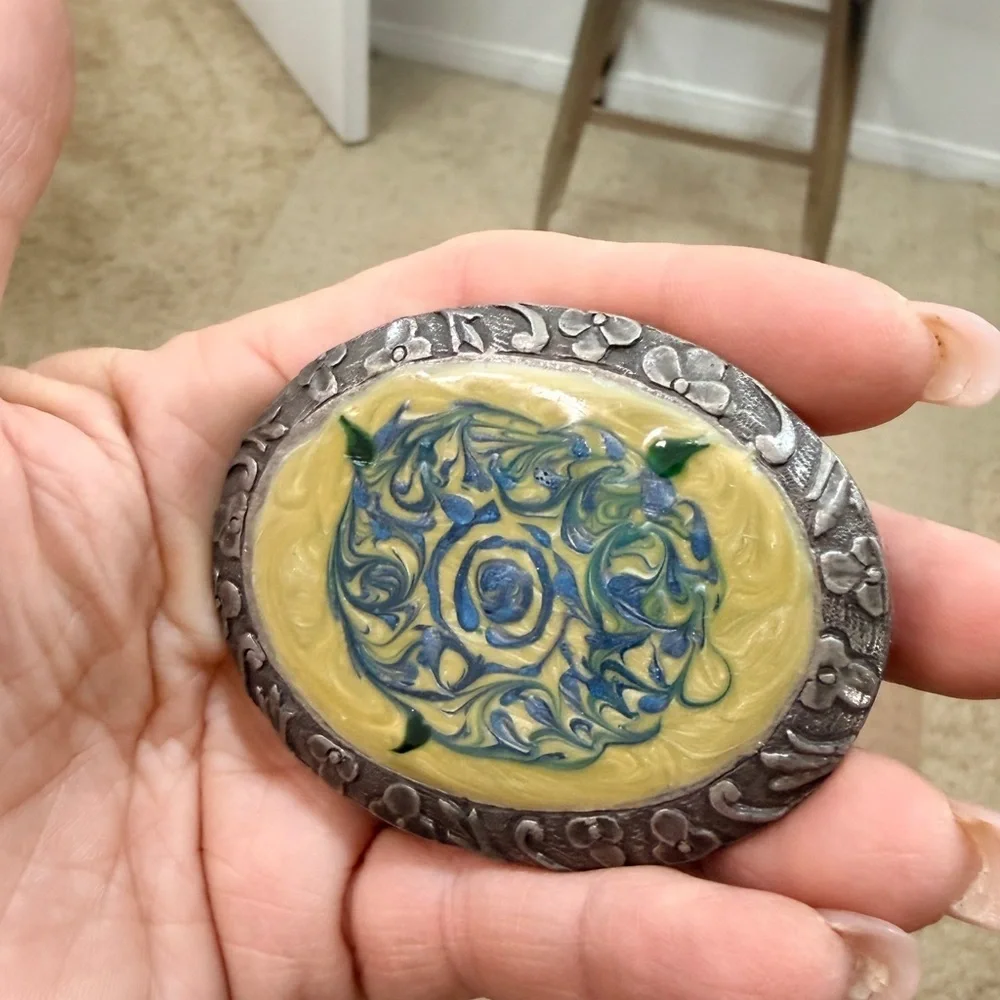 Belt Buckle Metal and Resin Handmade Artisan Blue and Yellow Womens Buckle